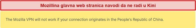 Snimka zaslona izjave s web stranice Mozilla VPN u kojoj se kaže da ne radi u Kini
