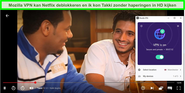 Screenshot van Takki die in HD speelt op Netflix terwijl Mozilla VPN is verbonden met een server in Manchester, VK