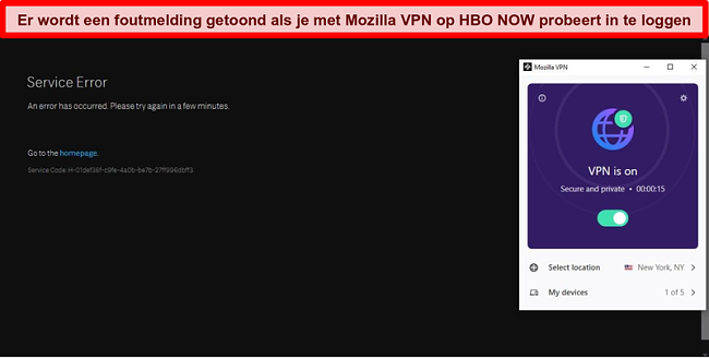 Screenshot van een fout op HBO NOW terwijl deze was verbonden met de server van Mozilla VPN in New York, NY