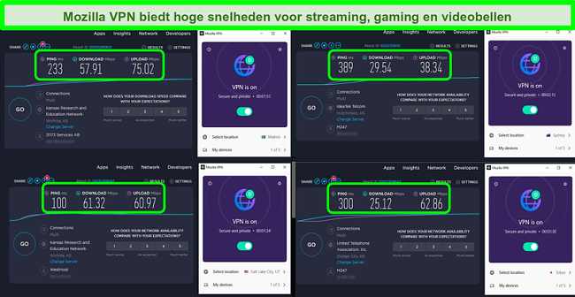 Screenshot van 4 snelheidstests met Mozilla VPN verbonden met servers over de hele wereld