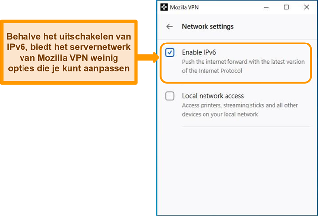 Screenshot van het scherm met netwerkinstellingen van Mozilla VPN