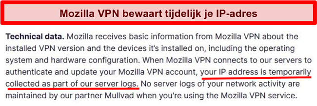 Screenshot van het privacybeleid van Mozilla VPN dat aangeeft dat uw IP-adres tijdelijk wordt verzameld