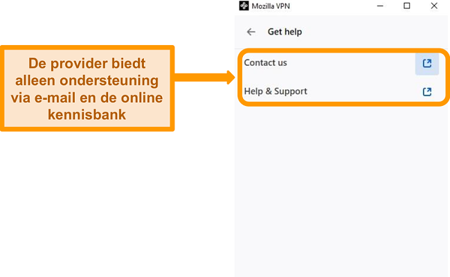 Screenshot van Mozilla VPN's Help-sectie van het instellingenmenu