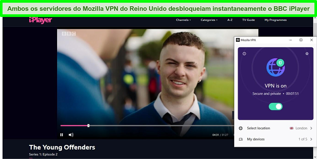 Captura de tela do BBC iPlayer jogando The Young Offenders enquanto o Mozilla VPN está conectado a um servidor em Londres, Reino Unido