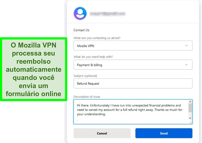 Captura de tela do formulário de contato do Mozilla VPN solicitando cancelamento e reembolso