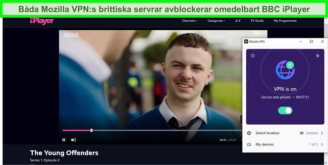 Skärmdump av BBC iPlayer som spelar The Young Offenders medan Mozilla VPN är ansluten till en server i London, Storbritannien