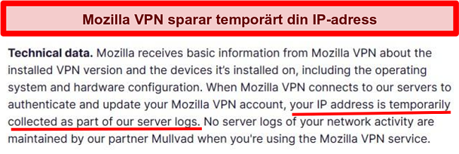 Skärmdump av Mozilla VPNs integritetspolicy som visar din IP-adress samlas tillfälligt in