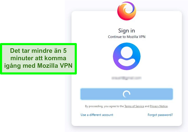 Skärmdump av Mozilla VPNs inloggningsskärm