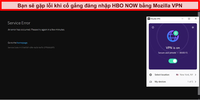 Ảnh chụp màn hình về lỗi trên HBO NOW khi kết nối với máy chủ New York, NY của Mozilla VPN