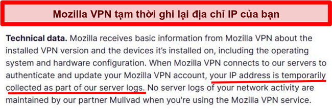 Ảnh chụp màn hình chính sách bảo mật của Mozilla VPN cho thấy địa chỉ IP của bạn tạm thời được thu thập