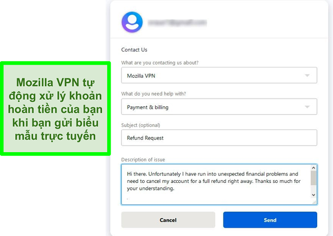 Ảnh chụp màn hình biểu mẫu liên hệ của Mozilla VPN yêu cầu hủy và hoàn tiền