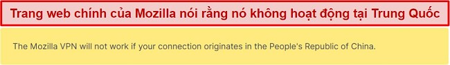 Ảnh chụp màn hình một tuyên bố từ trang web của Mozilla VPN cho biết nó không hoạt động ở Trung Quốc