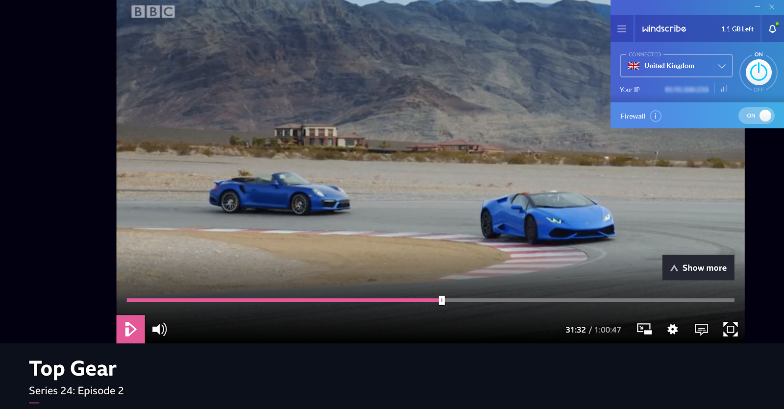 Screenshot of Windscribe streaming Top Gear on BBC iPlayer