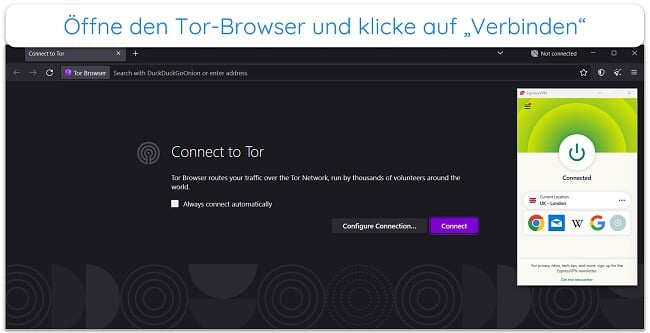 Bild des Tor-Browsers vor der Verbindung mit dem Tor-Netzwerk, wobei ExpressVPN mit einem Server in Großbritannien und London verbunden ist