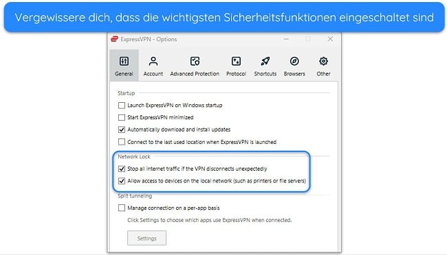 Bild der Windows-App von ExpressVPN mit aktivierten Netzwerksperroptionen