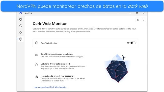 Imagen de la función Dark Web Monitor de NordVPN en la aplicación de Windows