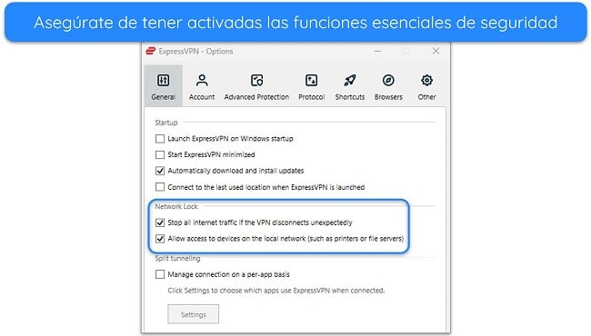 Image of ExpressVPN's Windows app, showing Network Lock options switched on