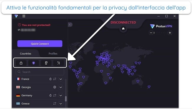 Immagine dell'app Windows di Proton VPN, che evidenzia alcune funzionalità di privacy nell'interfaccia principale