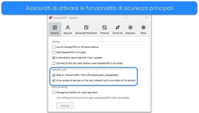 Immagine dell'app Windows di ExpressVPN, che mostra le opzioni di blocco della rete attivate