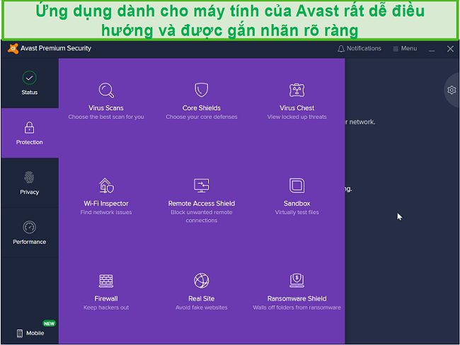 Ảnh chụp màn hình menu Bảo vệ màn hình của Avast
