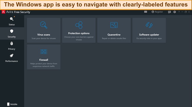 Screenshot of Avira PC app interface