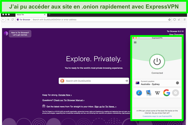 Capture d'écran d'ExpressVPN connecté en utilisant le navigateur Tor