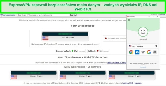 Zrzut ekranu z testu wycieku ExpressVPN z IPLeak.net pokazujący zero wycieków danych.