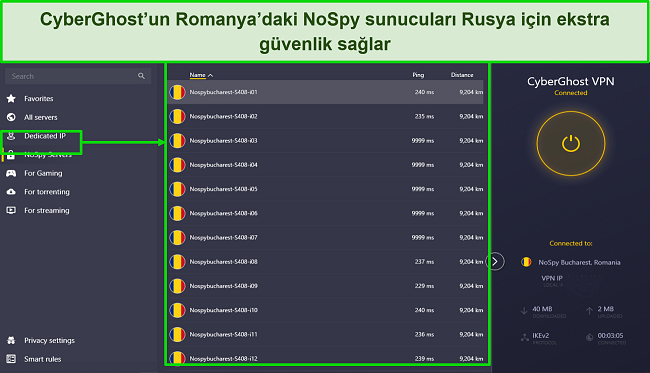 CyberGhost'un Romanya'daki NoSpy sunucuları listesinin ekran görüntüsü