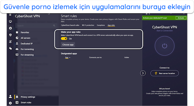 Belirli uygulamalar için VPN bağlantısını otomatikleştirmek amacıyla CyberGhost Akıllı Kurallar ayarlarının ekran görüntüsü