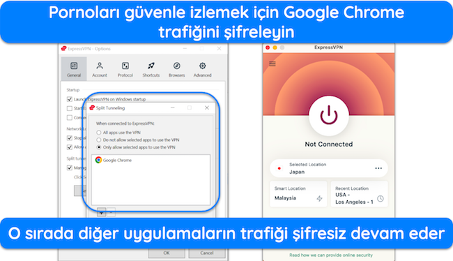 ExpressVPN'in bölünmüş tünel ayarlarının ekran görüntüsü