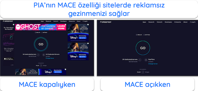 Popüler bir web sitesinde PIA'nın açılmasından önceki ve sonraki reklamların ekran görüntüsü