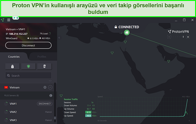 ProtonVPN'in kullanıcı arayüzünün ekran görüntüsü