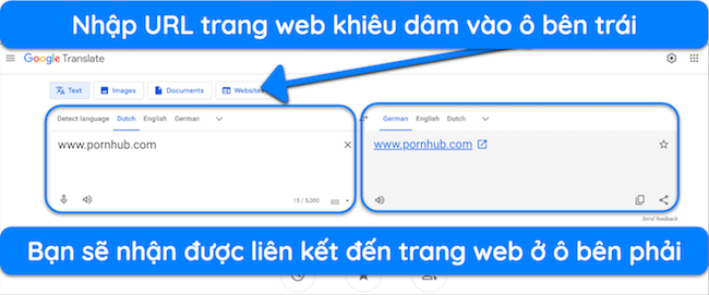 Ảnh chụp màn hình sử dụng Google Dịch để truy cập trang web khiêu dâm