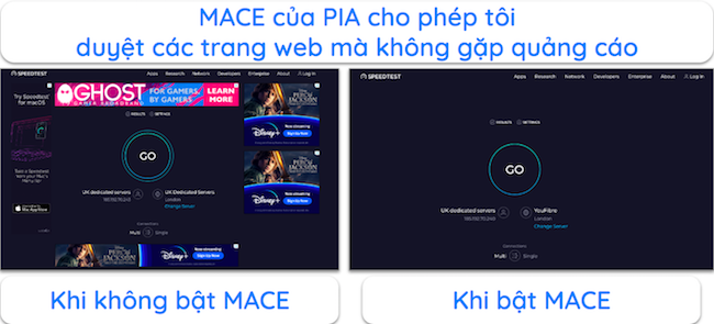 Ảnh chụp màn hình quảng cáo trên một trang web phổ biến trước và sau khi bật PIA