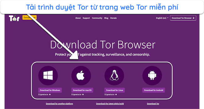 Ảnh chụp màn hình trang tải xuống trình duyệt Tor
