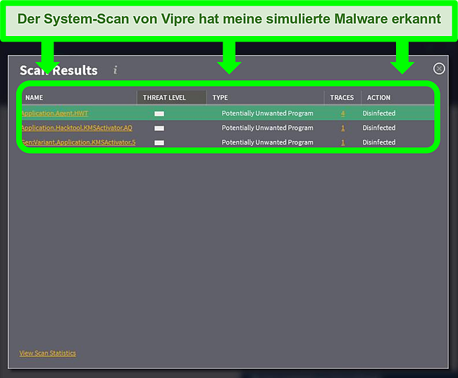 Screenshot der Vipre-Oberfläche nach einem erfolgreichen Virenscan