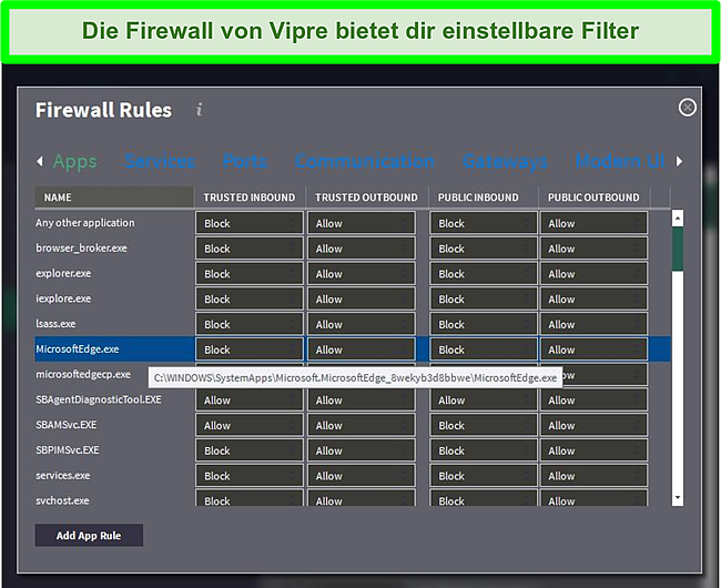 Screenshot des Menüs Firewall-Regeln von Vipre