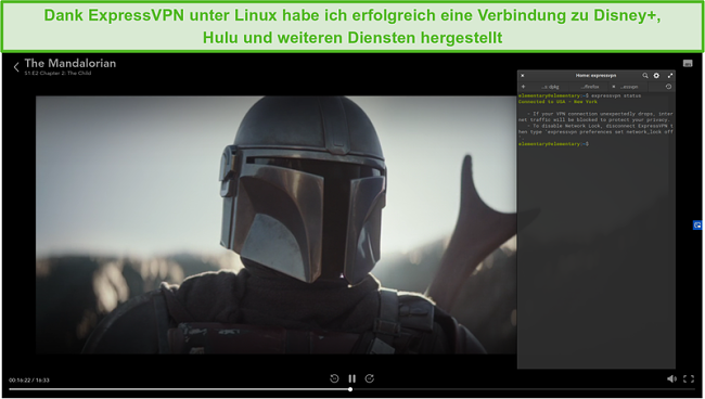 Screenshot von ExpressVPN unter Linux, der The Mandalorian von Disney + US entsperrt.