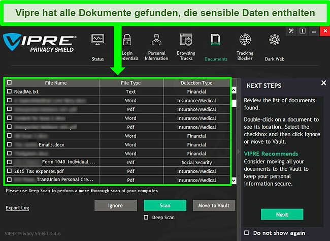 Screenshot des sensiblen Dokumentenscanners von Vipre Privacy Shield