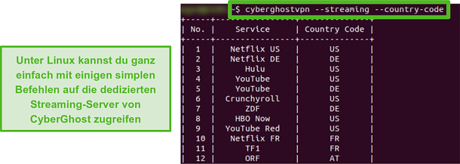 Screenshot der dedizierten Streaming-Server von CyberGhost unter Linux.