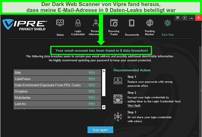 Screenshot des dunklen Web-Scanners von Vipre Privacy Shield