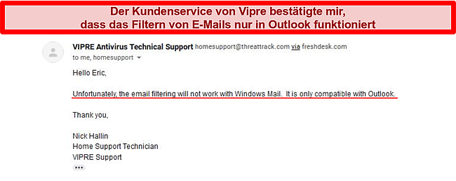 Screenshot eines E-Mail-Austauschs mit dem Vipre-Support