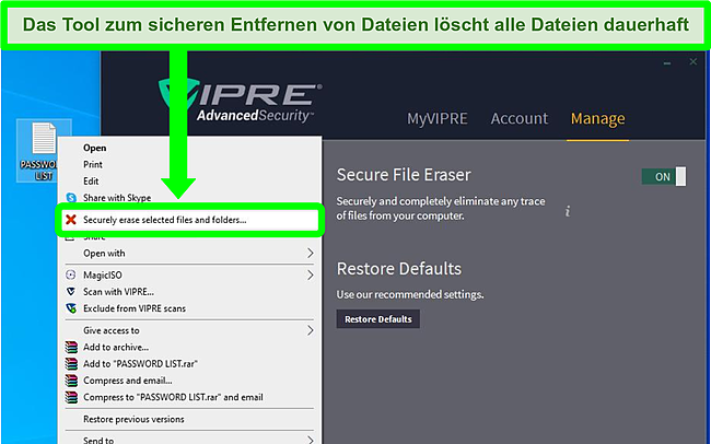 Screenshot des sicheren Datei-Radiergummis von Vipre