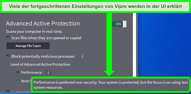 Screenshot der Benutzeroberfläche von Vipre mit Erläuterungen zu den erweiterten Einstellungen