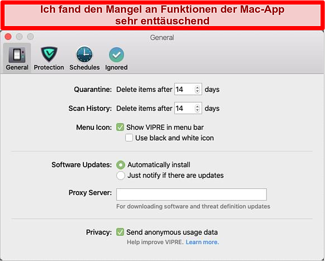 Screenshot der macOS-Oberfläche von Vipre Advanced Security