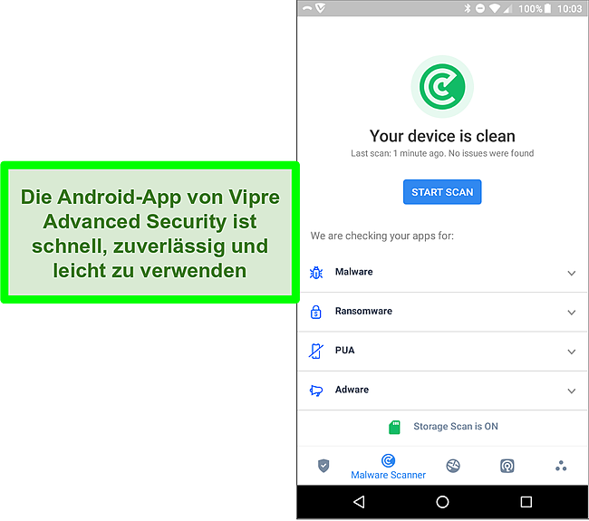 Screenshot der Vipre Advanced Security Android App