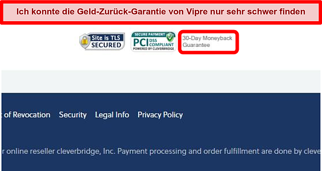 Screenshot des Kleingedruckten am unteren Rand des Einkaufswagens von Vipre mit einer Geld-zurück-Garantie