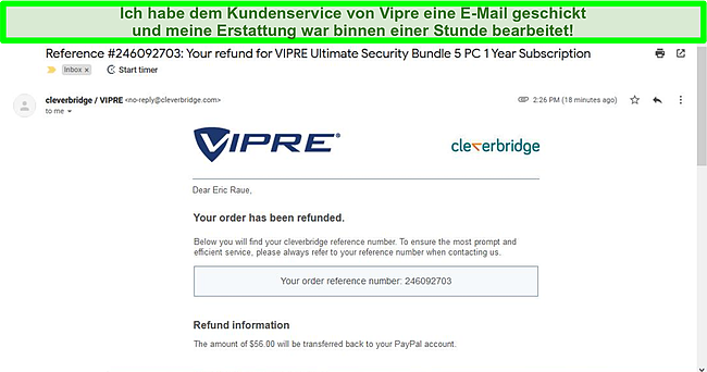 Screenshot einer Rückerstattungsbenachrichtigung, die vom Vipre-Support per E-Mail gesendet wurde