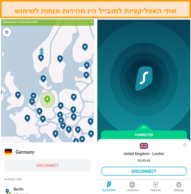 צילום מסך של אפליקציות אנדרואיד NordVPN ו- Surfshark.