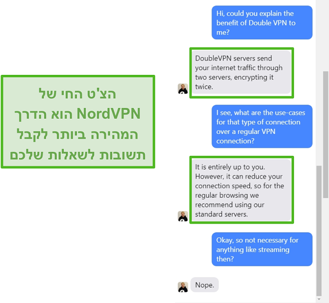 צילום מסך של סיוע צ'אט חי של NordVPN.